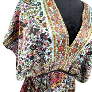 Ultra Pink Women 2X Floral Paisley Print V Neck Tunic Dress Empire Waist Y2K Vtg